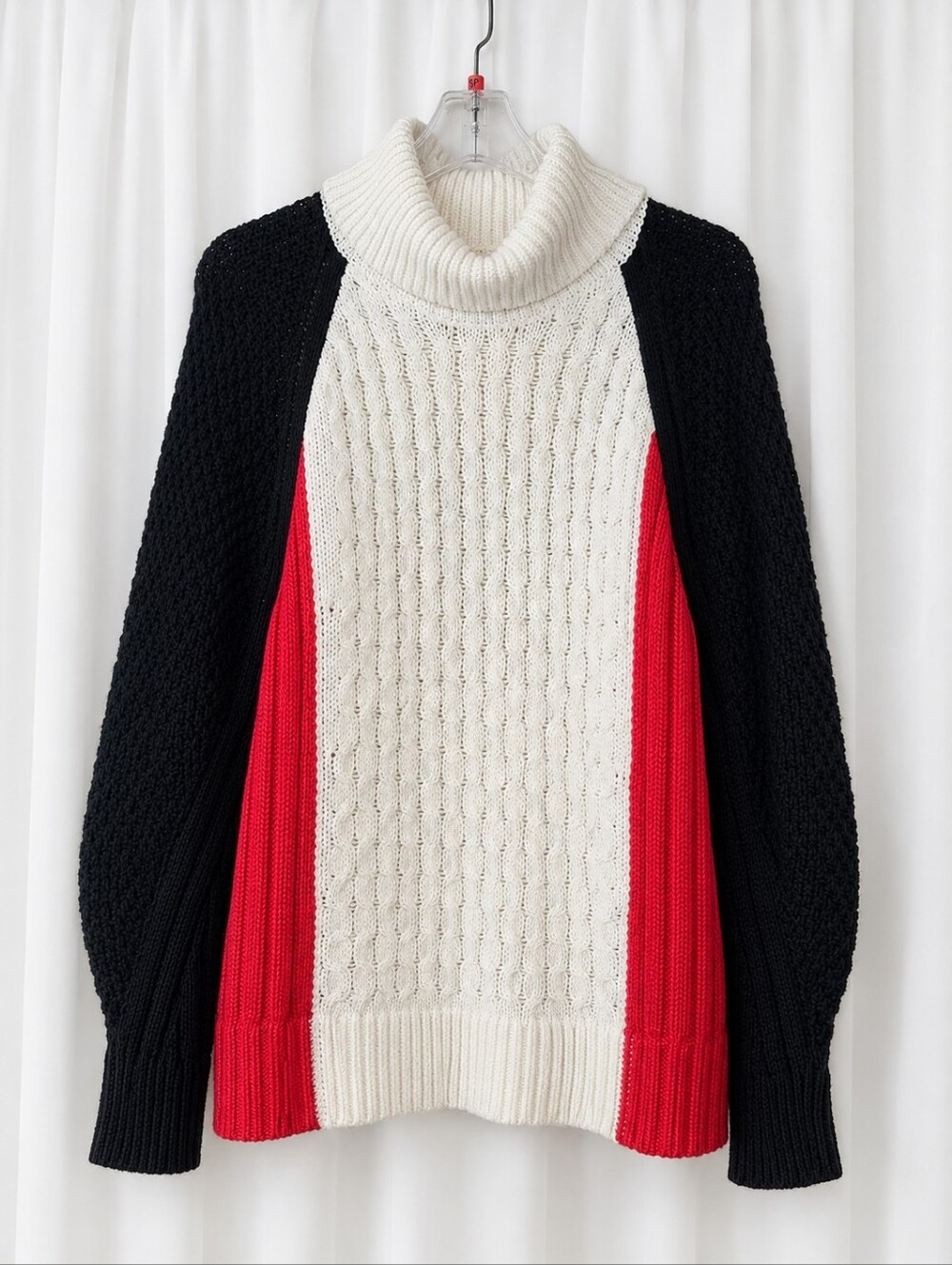 Talbots Red Black Cream Colorblock Chunky Cable Knit Pullover Turtleneck Sweater